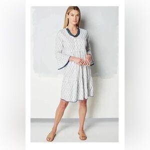 Pure Jill Ruffled Tiered Dress White w/ Blue Dobby Pattern Bell Sleeves Sz M